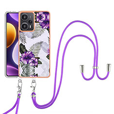 Funda Silicona Gel Goma Patron de Moda Carcasa con Acollador Cordon Lanyard YB3 para Xiaomi Poco F5 5G Morado