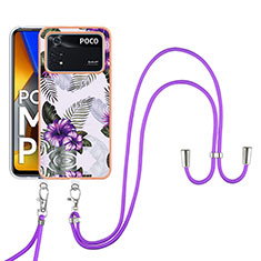 Funda Silicona Gel Goma Patron de Moda Carcasa con Acollador Cordon Lanyard YB3 para Xiaomi Poco M4 Pro 4G Morado