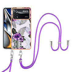 Funda Silicona Gel Goma Patron de Moda Carcasa con Acollador Cordon Lanyard YB3 para Xiaomi Poco X4 Pro 5G Morado