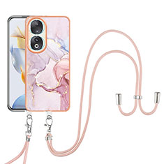 Funda Silicona Gel Goma Patron de Moda Carcasa con Acollador Cordon Lanyard YB5 para Huawei Honor 90 5G Rosa