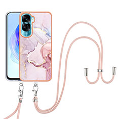 Funda Silicona Gel Goma Patron de Moda Carcasa con Acollador Cordon Lanyard YB5 para Huawei Honor 90 Lite 5G Rosa