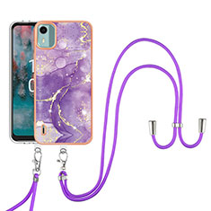 Funda Silicona Gel Goma Patron de Moda Carcasa con Acollador Cordon Lanyard YB5 para Nokia C12 Plus Morado