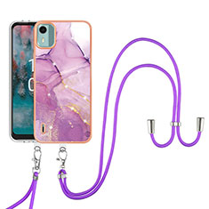 Funda Silicona Gel Goma Patron de Moda Carcasa con Acollador Cordon Lanyard YB5 para Nokia C12 Plus Purpura Claro