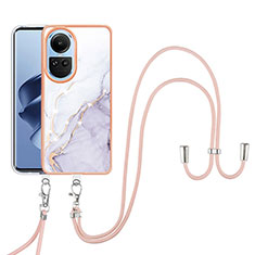 Funda Silicona Gel Goma Patron de Moda Carcasa con Acollador Cordon Lanyard YB5 para Oppo Reno10 5G Blanco