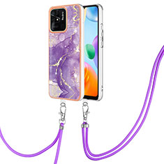 Funda Silicona Gel Goma Patron de Moda Carcasa con Acollador Cordon Lanyard YB5 para Xiaomi Redmi 10 Power Morado