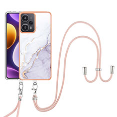 Funda Silicona Gel Goma Patron de Moda Carcasa con Acollador Cordon Lanyard YB5 para Xiaomi Redmi Note 12 Turbo 5G Blanco