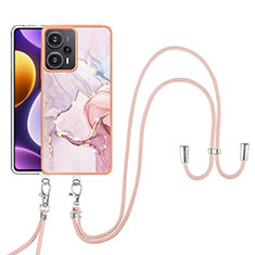 Funda Silicona Gel Goma Patron de Moda Carcasa con Acollador Cordon Lanyard YB5 para Xiaomi Redmi Note 12 Turbo 5G Rosa