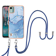 Funda Silicona Gel Goma Patron de Moda Carcasa con Acollador Cordon Lanyard YB7 para Nokia C12 Plus Azul