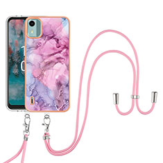 Funda Silicona Gel Goma Patron de Moda Carcasa con Acollador Cordon Lanyard YB7 para Nokia C12 Purpura Claro