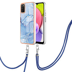 Funda Silicona Gel Goma Patron de Moda Carcasa con Acollador Cordon Lanyard YB7 para Samsung Galaxy A03s Azul