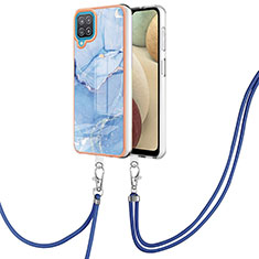 Funda Silicona Gel Goma Patron de Moda Carcasa con Acollador Cordon Lanyard YB7 para Samsung Galaxy F12 Azul