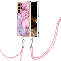 Funda Silicona Gel Goma Patron de Moda Carcasa con Acollador Cordon Lanyard YB7 para Samsung Galaxy S24 Ultra 5G Purpura Claro