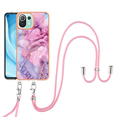 Funda Silicona Gel Goma Patron de Moda Carcasa con Acollador Cordon Lanyard YB7 para Xiaomi Mi 11 Lite 4G Purpura Claro