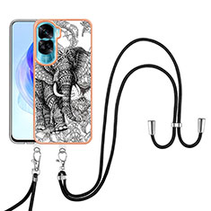 Funda Silicona Gel Goma Patron de Moda Carcasa con Acollador Cordon Lanyard YB8 para Huawei Honor 90 Lite 5G Gris