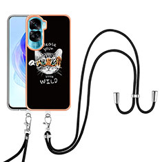 Funda Silicona Gel Goma Patron de Moda Carcasa con Acollador Cordon Lanyard YB8 para Huawei Honor 90 Lite 5G Negro