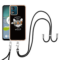 Funda Silicona Gel Goma Patron de Moda Carcasa con Acollador Cordon Lanyard YB8 para Motorola Moto E13 Negro