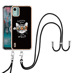 Funda Silicona Gel Goma Patron de Moda Carcasa con Acollador Cordon Lanyard YB8 para Nokia C12 Negro