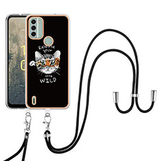 Funda Silicona Gel Goma Patron de Moda Carcasa con Acollador Cordon Lanyard YB8 para Nokia C31 Negro