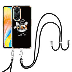 Funda Silicona Gel Goma Patron de Moda Carcasa con Acollador Cordon Lanyard YB8 para Oppo A98 5G Negro