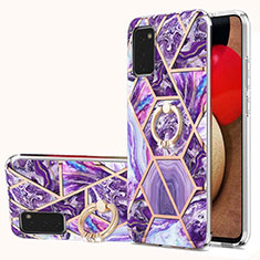 Funda Silicona Gel Goma Patron de Moda Carcasa con Anillo de dedo Soporte Y01B para Samsung Galaxy F02S SM-E025F Morado