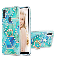 Funda Silicona Gel Goma Patron de Moda Carcasa con Anillo de dedo Soporte Y01B para Samsung Galaxy M11 Menta Verde