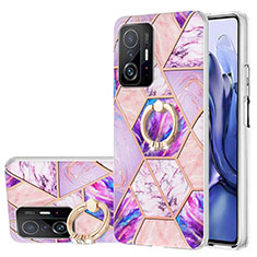 Funda Silicona Gel Goma Patron de Moda Carcasa con Anillo de dedo Soporte Y01B para Xiaomi Mi 11T Pro 5G Purpura Claro