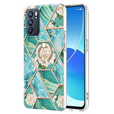 Funda Silicona Gel Goma Patron de Moda Carcasa con Anillo de dedo Soporte Y02B para Oppo Reno6 5G Verde