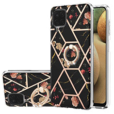 Funda Silicona Gel Goma Patron de Moda Carcasa con Anillo de dedo Soporte Y02B para Samsung Galaxy A12 Negro