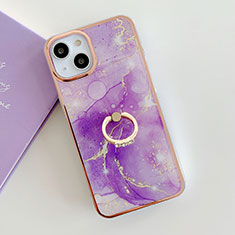 Funda Silicona Gel Goma Patron de Moda Carcasa con Anillo de dedo Soporte Y05B para Apple iPhone 15 Plus Morado