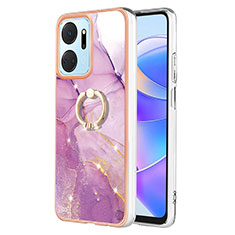 Funda Silicona Gel Goma Patron de Moda Carcasa con Anillo de dedo Soporte Y05B para Huawei Honor X7a Purpura Claro