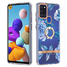 Funda Silicona Gel Goma Patron de Moda Carcasa con Anillo de dedo Soporte Y06B para Samsung Galaxy A21s Azul