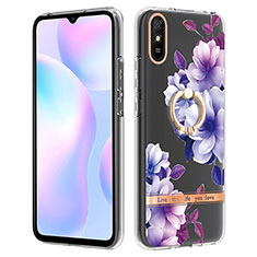 Funda Silicona Gel Goma Patron de Moda Carcasa con Anillo de dedo Soporte Y06B para Xiaomi Redmi 9A Morado