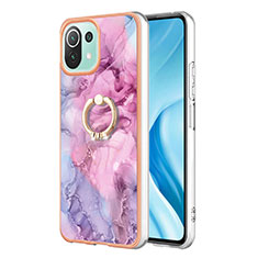 Funda Silicona Gel Goma Patron de Moda Carcasa con Anillo de dedo Soporte YB1 para Xiaomi Mi 11 Lite 4G Purpura Claro