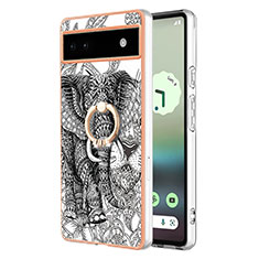 Funda Silicona Gel Goma Patron de Moda Carcasa con Anillo de dedo Soporte YB2 para Google Pixel 6a 5G Gris