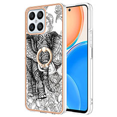 Funda Silicona Gel Goma Patron de Moda Carcasa con Anillo de dedo Soporte YB2 para Huawei Honor X8 4G Gris