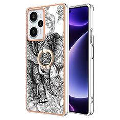 Funda Silicona Gel Goma Patron de Moda Carcasa con Anillo de dedo Soporte YB2 para Xiaomi Redmi Note 12 Turbo 5G Gris