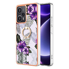 Funda Silicona Gel Goma Patron de Moda Carcasa con Anillo de dedo Soporte YB3 para Xiaomi Redmi Note 12 Turbo 5G Morado