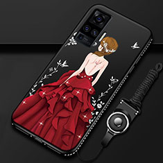 Funda Silicona Gel Goma Vestido de Novia Carcasa para Vivo X50 Pro 5G Rojo y Negro