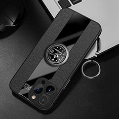 Funda Silicona Goma de Cuero Carcasa con Magnetico Anillo de dedo Soporte para Apple iPhone 14 Pro Max Negro