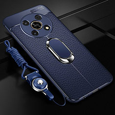 Funda Silicona Goma de Cuero Carcasa con Magnetico Anillo de dedo Soporte para Huawei Honor Magic4 Lite 5G Azul