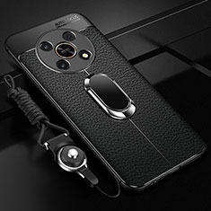 Funda Silicona Goma de Cuero Carcasa con Magnetico Anillo de dedo Soporte para Huawei Honor X9 5G Negro