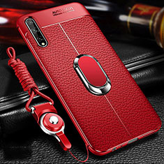 Funda Silicona Goma de Cuero Carcasa con Magnetico Anillo de dedo Soporte para Huawei P smart S Rojo