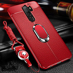 Funda Silicona Goma de Cuero Carcasa con Magnetico Anillo de dedo Soporte para Oppo A9 (2020) Rojo