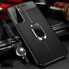 Funda Silicona Goma de Cuero Carcasa con Magnetico Anillo de dedo Soporte para Samsung Galaxy S21 FE 5G Negro