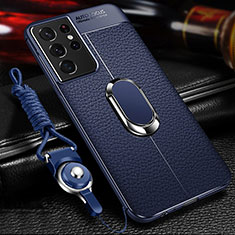 Funda Silicona Goma de Cuero Carcasa con Magnetico Anillo de dedo Soporte para Samsung Galaxy S21 Ultra 5G Azul