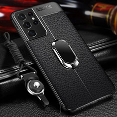 Funda Silicona Goma de Cuero Carcasa con Magnetico Anillo de dedo Soporte para Samsung Galaxy S21 Ultra 5G Negro