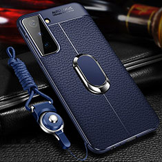 Funda Silicona Goma de Cuero Carcasa con Magnetico Anillo de dedo Soporte para Samsung Galaxy S25 Plus 5G Azul