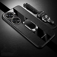 Funda Silicona Goma de Cuero Carcasa con Magnetico Anillo de dedo Soporte PB1 para Huawei Nova 11 SE Negro