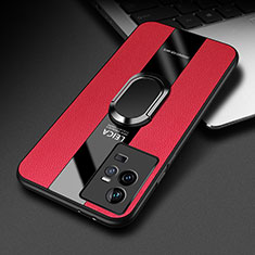 Funda Silicona Goma de Cuero Carcasa con Magnetico Anillo de dedo Soporte PB2 para Vivo iQOO 11 5G Rojo