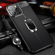 Funda Silicona Goma de Cuero Carcasa con Magnetico Anillo de dedo Soporte S02 para Apple iPhone 13 Pro Max Negro